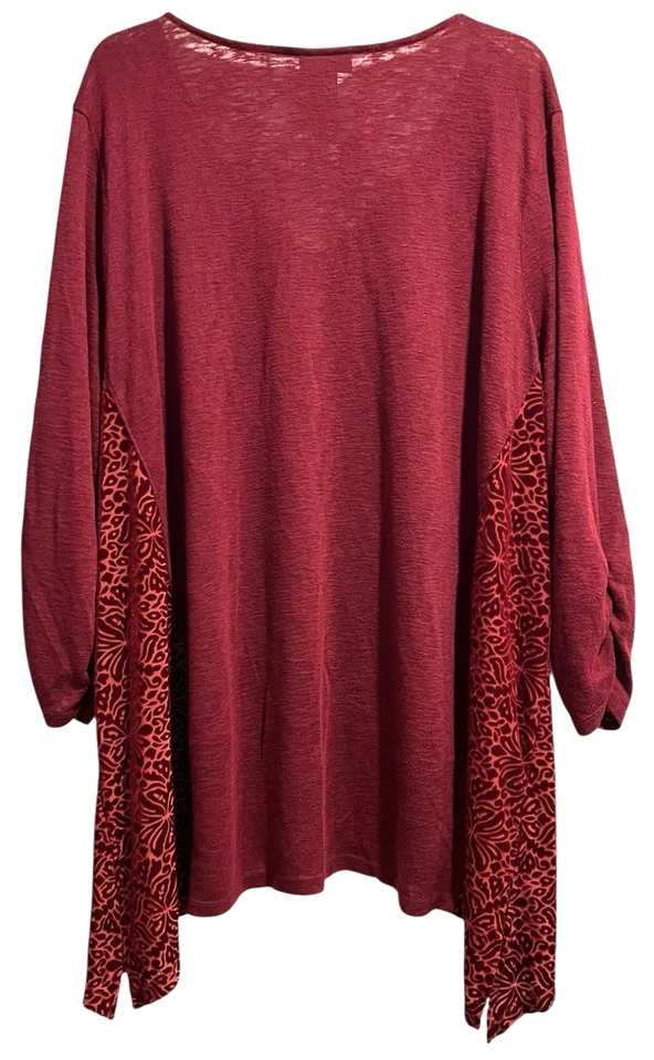 Catherines Tunic Sweater Size 3X Red Burgundy V Neck Velvet Burnout Sides - Image 2 of 4