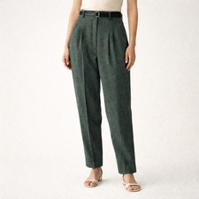 Vintage 80s High Waisted Front Pleated Green Check Trouser Pants M