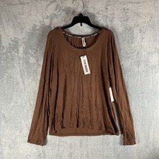 Steve Madden Women's Top L Long Sleeve Ribbed Scoop Neck Pajamas PJs Lounge Tan
