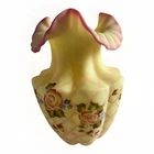 Fenton Burmese Uranium Glass Ruffled Vase Hand Painted Roses D. Fredrick UV Glow
