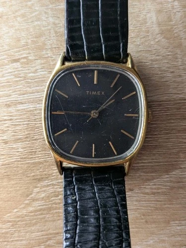 Vintage Timex 1970s Mechanical Watch Black Dial Gold-Tone Cushion Case Runs