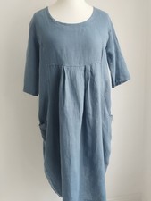 WOOLOVERS Dress Tunic Petrol Blue Linen Lagenlook Knee Length Pockets Size UK 12
