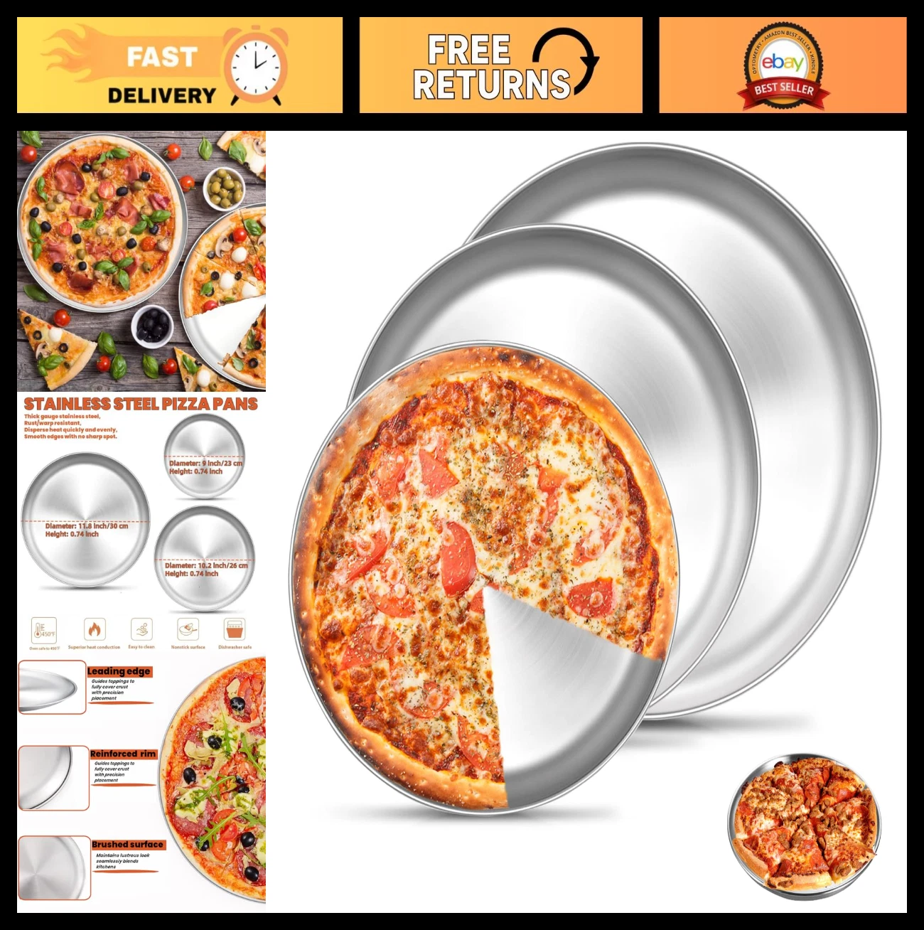 3-Pack Stainless Steel Pizza Pans Set - 9", 10", 12" Round Baking Trays, Oven Sa