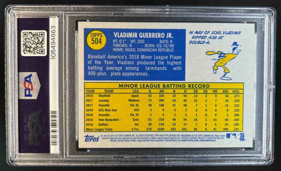 2019 Topps Heritage Vladimir Guerrero Jr. RC Rookie #504 Blue Jays PSA 10 - Image 2 of 2