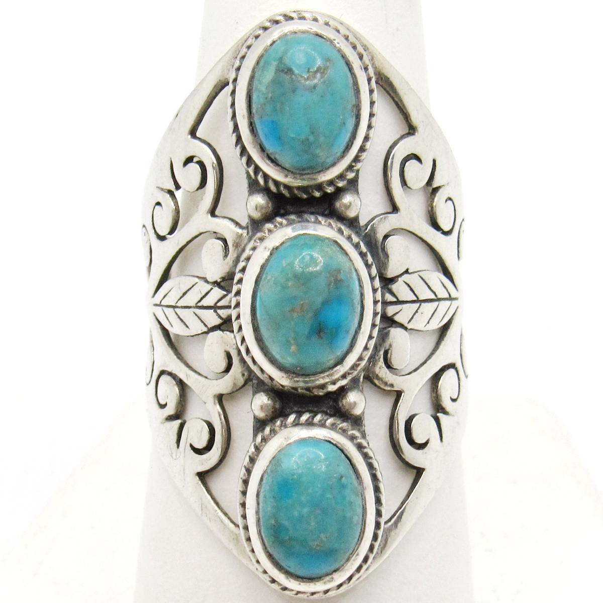 VINTAGE STERLING SILVER 925 INDIA VERTICAL TURQUOISE THREE STONE 