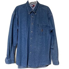 1990s vintage TOMMY HILFIGER jean shirt L blue denim CREST LOGO Long Sleeve