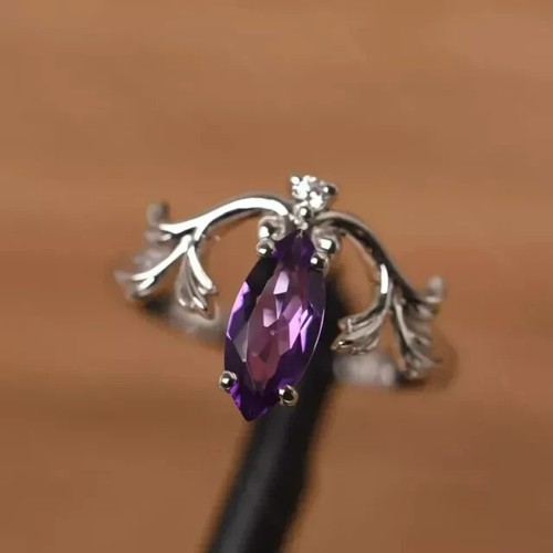 2Ct Marquise Lab-Created Amethyst Art Deco Engagement Ring 14K White Gold Plated - Picture 7 of 8