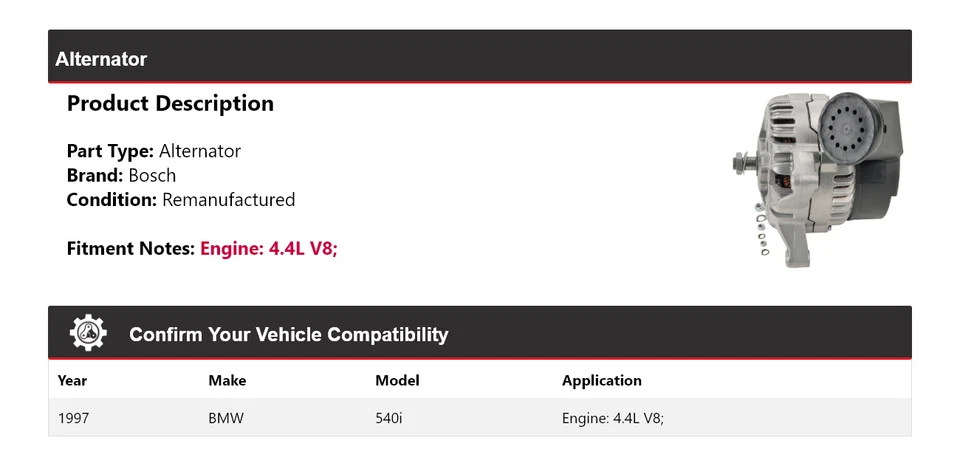 Генератор переменного тока (восстановленный) для 1997 BMW 540i 4,4 л V8 Bosch - Изображение 2 из 4