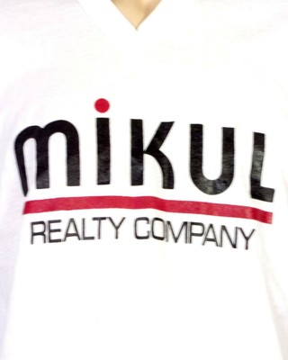 vtg 80s soft thin Mikul Realty Company V-Neck T-Shirt Jerzees by Russell L/XL