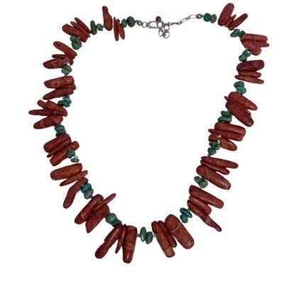 Red Coral Necklace 925 Sliver Surfer 19'' Turquoise Beaded Boho Chic VTG