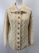 Vtg Fisherman Collared Cable Knit Cardigan Sweater Ivory Wood Buttons Women  s
