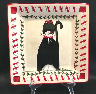 Sakura Candy Cane Cat 10'' Square Dinner Plate Fiddlestix 