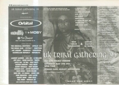 ANEW1 ADVERT 7X11 UK TRIBAL GATHERING 1995 ORBITAL. MOBY. RODIG