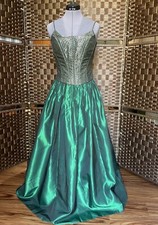 Sz 8 90  s Y2K Corset Prom Dress Gown Emerald Green Brocade Jacquard Bustier Gold
