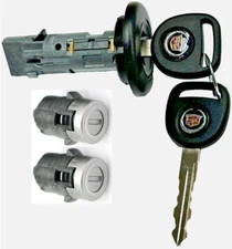 NEW CADILLAC OEM IGNITION SWITCH LOCK CYLINDER + 2 DOOR LOCK CYLINDERS + 2 KEYS