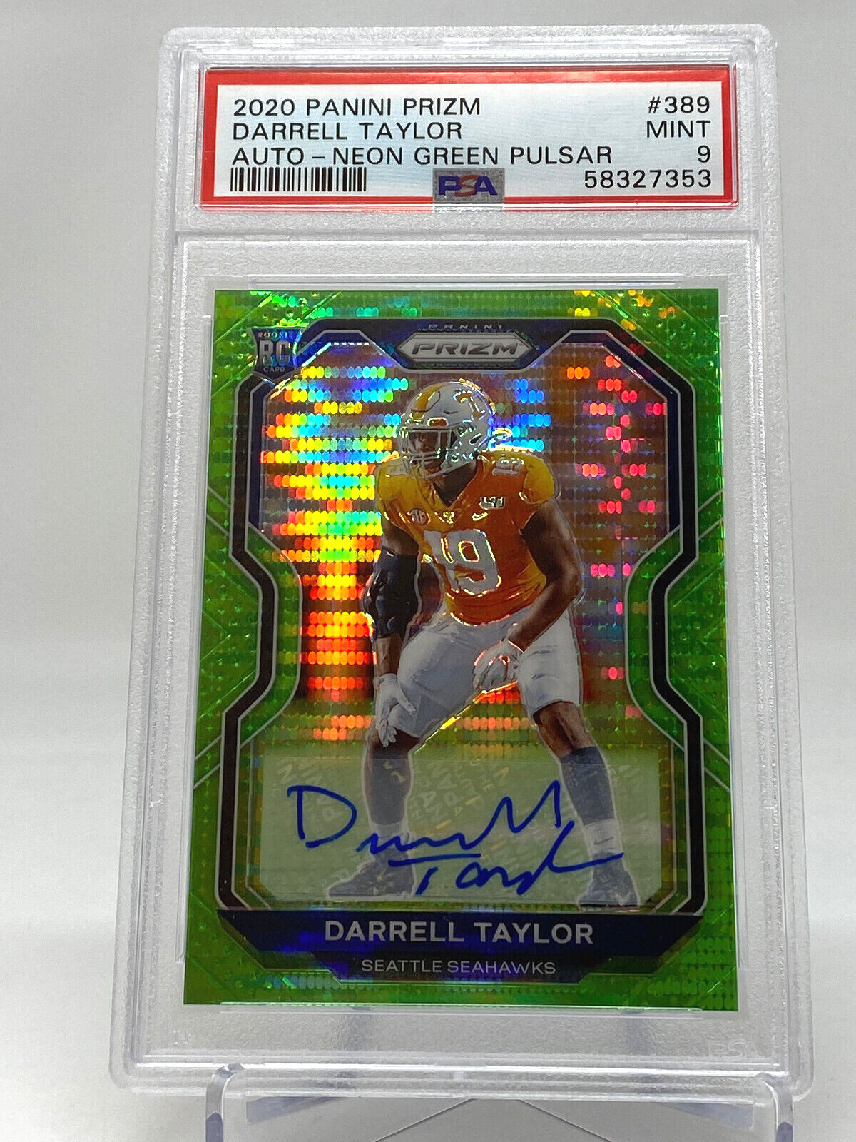2020 Panini Prizm #389 Darrell Taylor Auto Neon Green Pulsar PSA 9 Rookie Card view 6