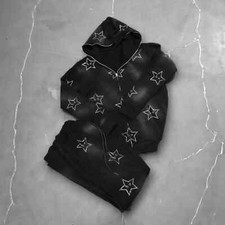 Mens Tracksuit Rhinestone 2 pc Sweatshirt Sweatpant unisex Streetwear Activewear