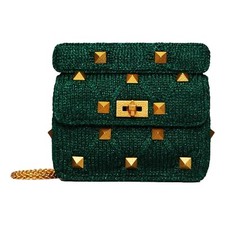 Valentino Garavani Roman Stud Medium Shoulder Bag Metallic Green Lurex NEW