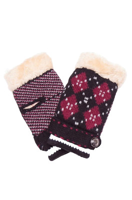 ARGYLE PATTERN KNITTED FINGERLESS GLOVES W/ SHERPA LINING