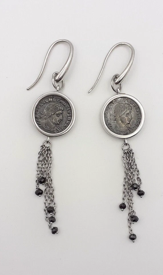 Orecchini argento 925 moneta romana gioiello donna pietre spinello nero - Immagine 3 di 3