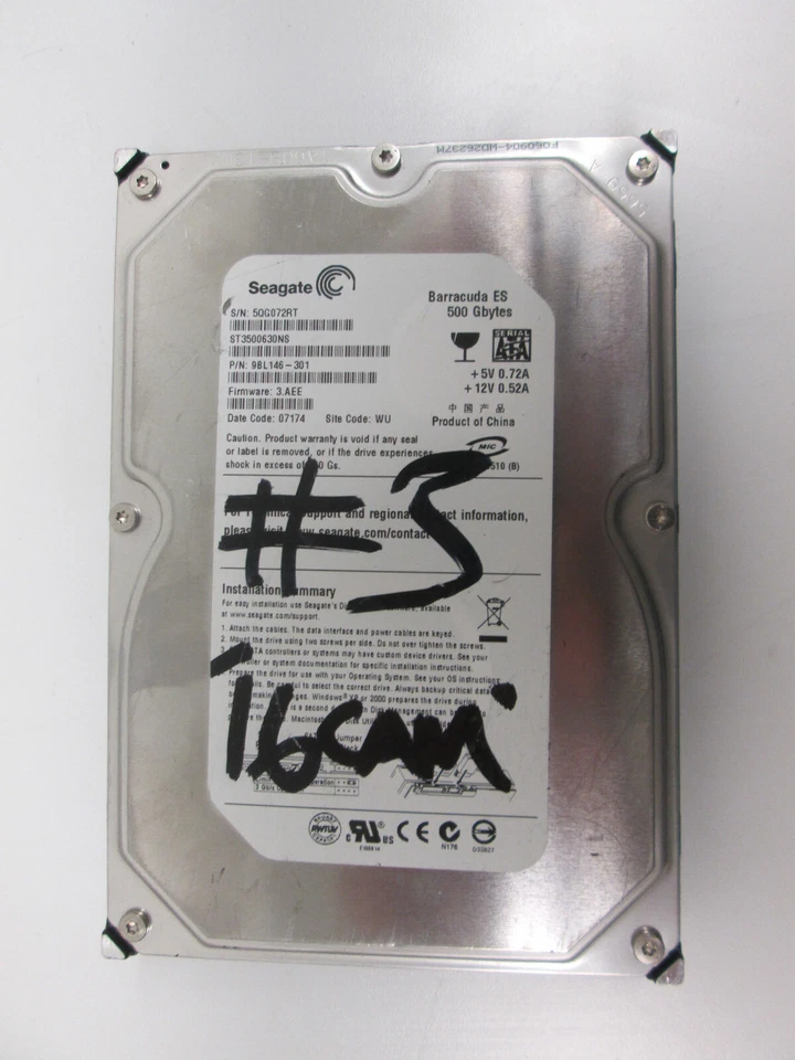 Seagate 500GB SATA 3.5 Hard Drive ST3500630NS, PN 9BL146-301, FW 3.AEE (WIPED) - Image 3 of 4