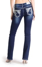 Grace in LA Women Bootcut Jeans Mid Rise Easy Fit Floral Tribal Cowgirl in Blue