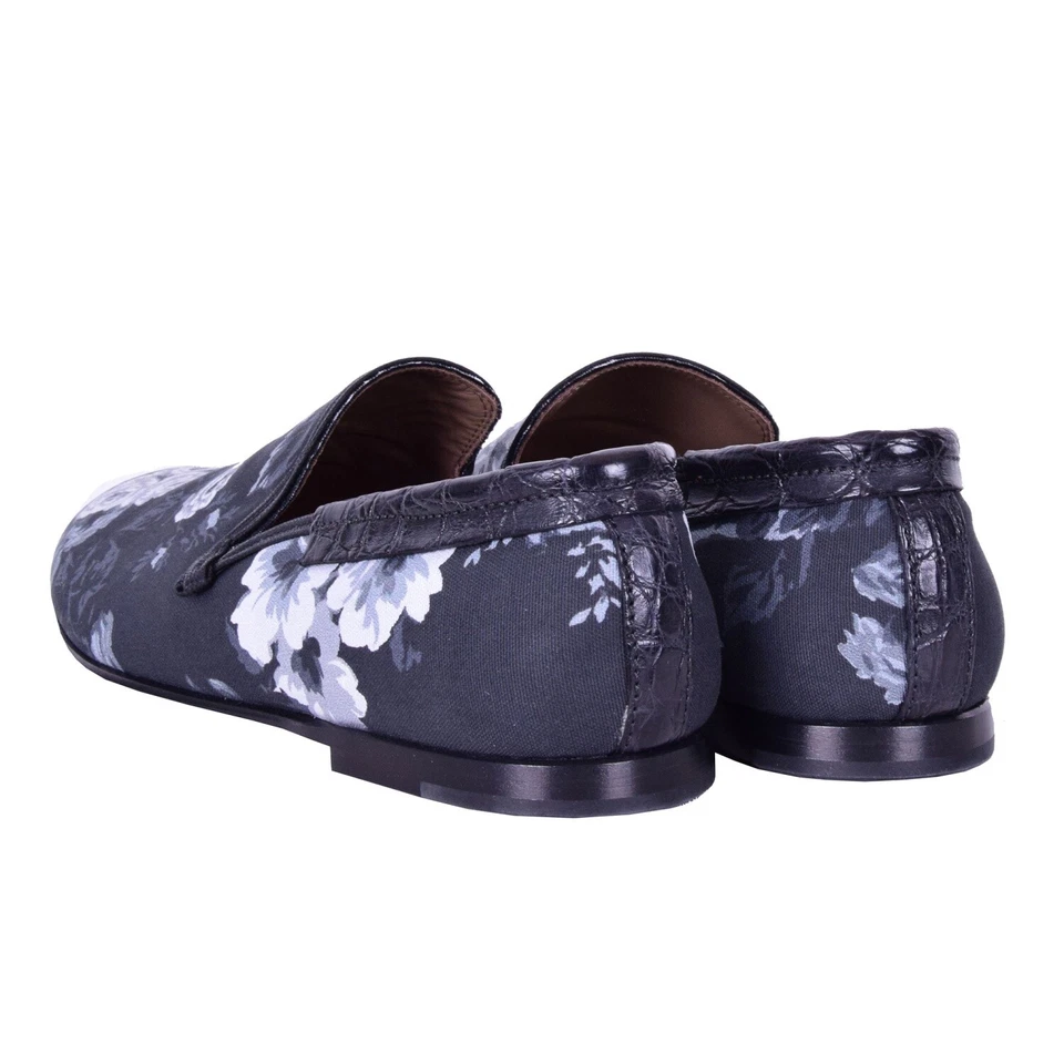 Zapatos Mocasines DOLCE & GABBANA Floral Lona Croco Cuero AMALFI Gris Negro Foto 3 de 4