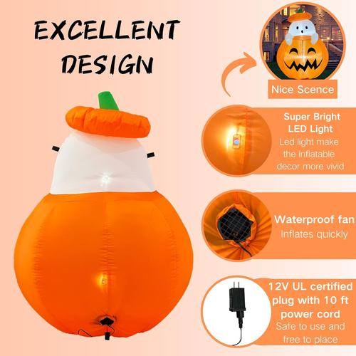 Inflatable Pumpkin Ghost Halloween Decorations Outdoor Blow up 4Ft Giant Cute Sc - Picture 3 of 6