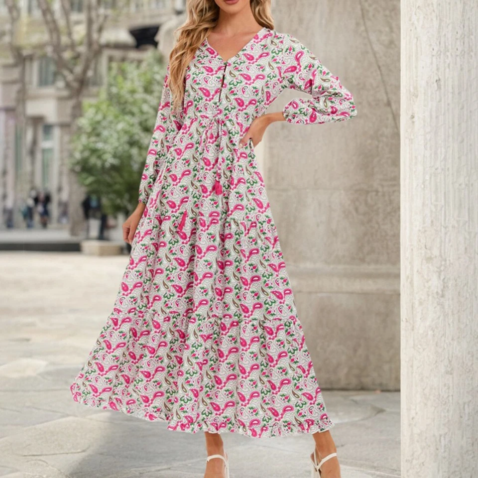 Damen Drucken Partykleid Maxikleid V-Neck Herbstkleid A-Linie Freizeitkleid .* - Bild 3 von 4