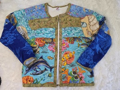 Y2K Artsy Tropical Fish Sweater Cardigan Embroidered Handmade Resort Beach M