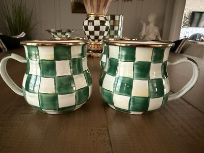NEW MACKENZIE CHILDS ENAMEL SET OF TWO GREEN EMERALD CHECK 16OZ MUG/CUP