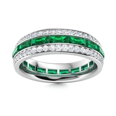 Emerald Channel-Set Baguette 4x2mm Eternity Band Ring With Rhodium Plated
