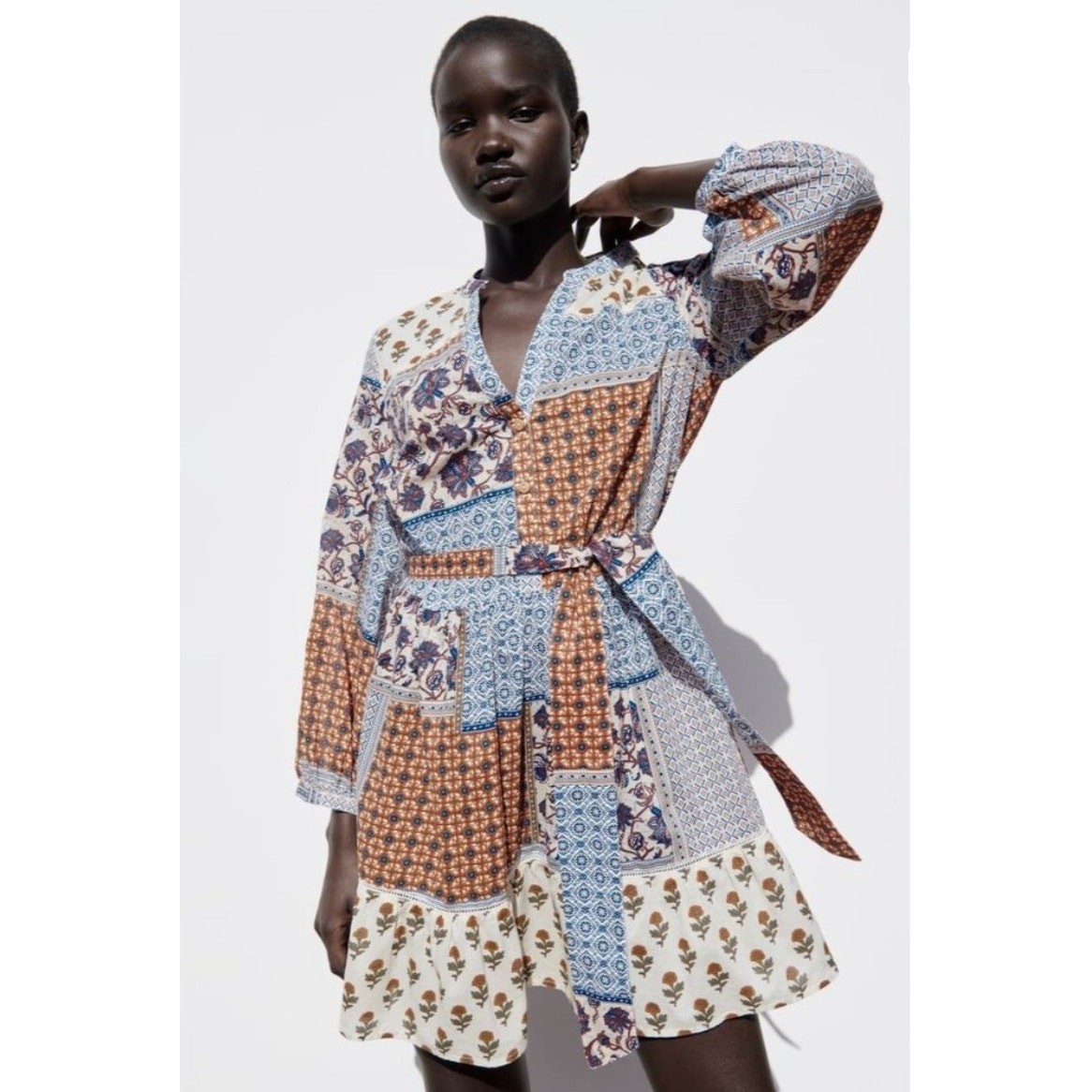 Zara Belted Patchwork Cottagecore Mini Shirt Dres… - image 2