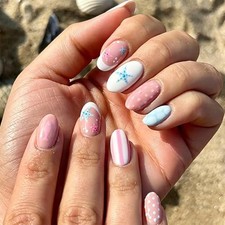 Summer Beach Press on Nails - Short Oval - Cute French Tip with Style-17