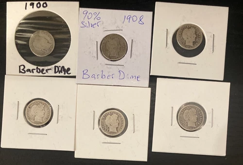 1908, 08, 12, 14, 16 Barber Silver Dime Lot