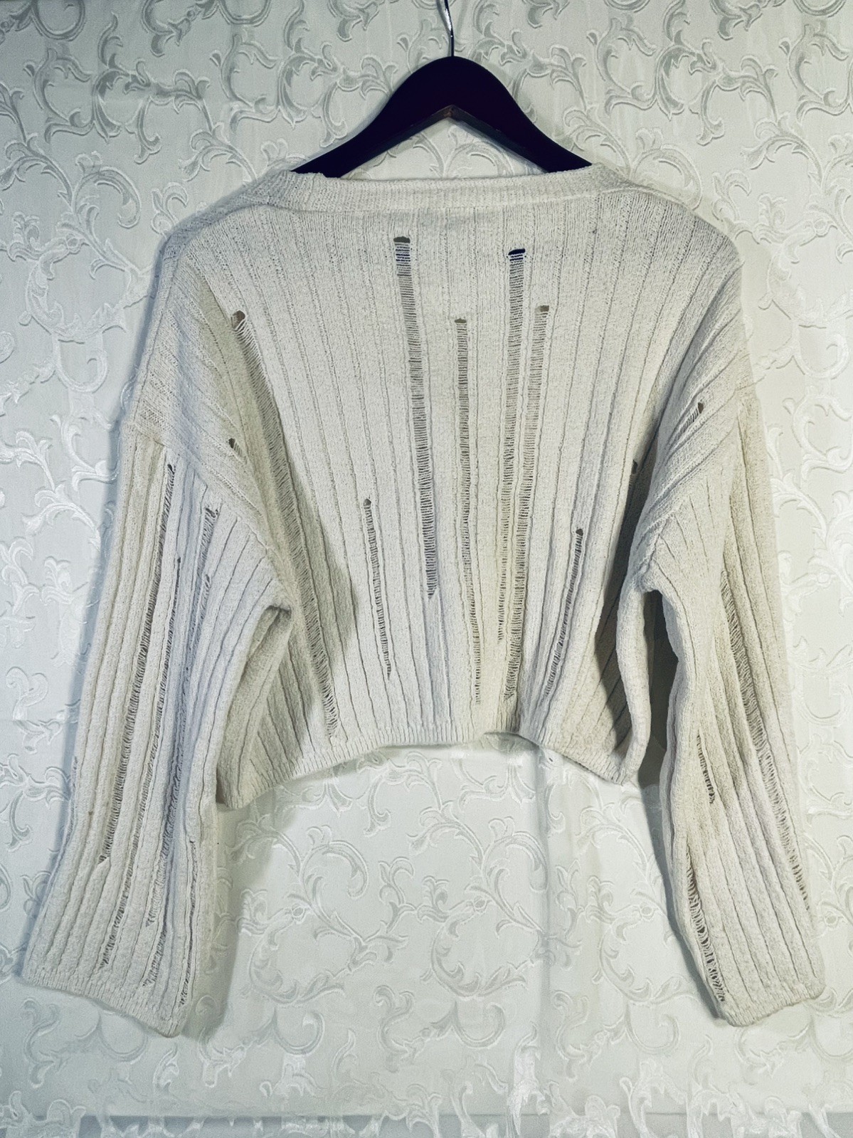 Zara Women's Openwork Distressed Crop Knit Cardigan in Ecru Size SMALL image 3