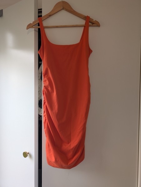 Bardot Orange Ruched Bodycon Midi Dress Strappy Sleeveless Scoop Neck M/L