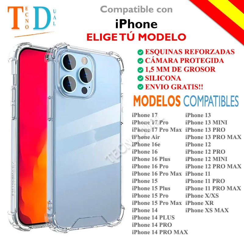 Funda iPhone 17/ 16/ 15/ 14/ 13/ 12/ 11/ X/ Xr/ Xs Transparente REFORZADA CÁMARA