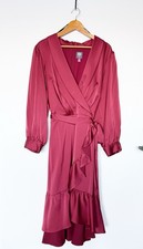 Vince Camuto Dress Plus Size 22 Burgundy Maroon Midi Satin Ruffle Long Sleeve
