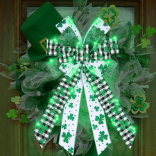 Large LED St. Patrick's Day Bows with Glitter Shamrock for Wreaths and Decor