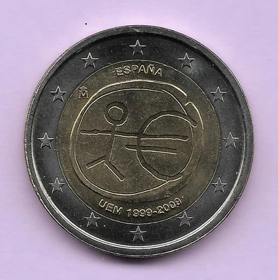 A circulé, 2 Euro, ESPAGNE 2009, 10 ANS UEM, TRANCHE A, ÉTOILE à 9 H, KM 1142 - Photo 1/2