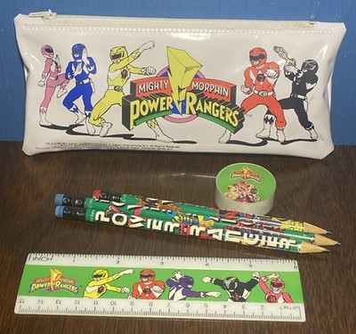 VINTAGE Power Rangers SCHOOL SUPPLY LOT - Pencil Bag Pencils Sharpener Ruler 90s
