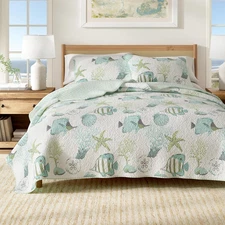 Full/Queen Coastal Quilt Set with Shams, Reversible Nautical Bedding 3-Piece Blu