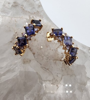14k .585 Yellow Gold Iolite Fall Half Hoop Post Stud 3/4'' Earrings Au 25155