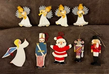 Vintage Wooden Christmas Ornaments Lot Of 9 Angels, Santa, Nutcracker