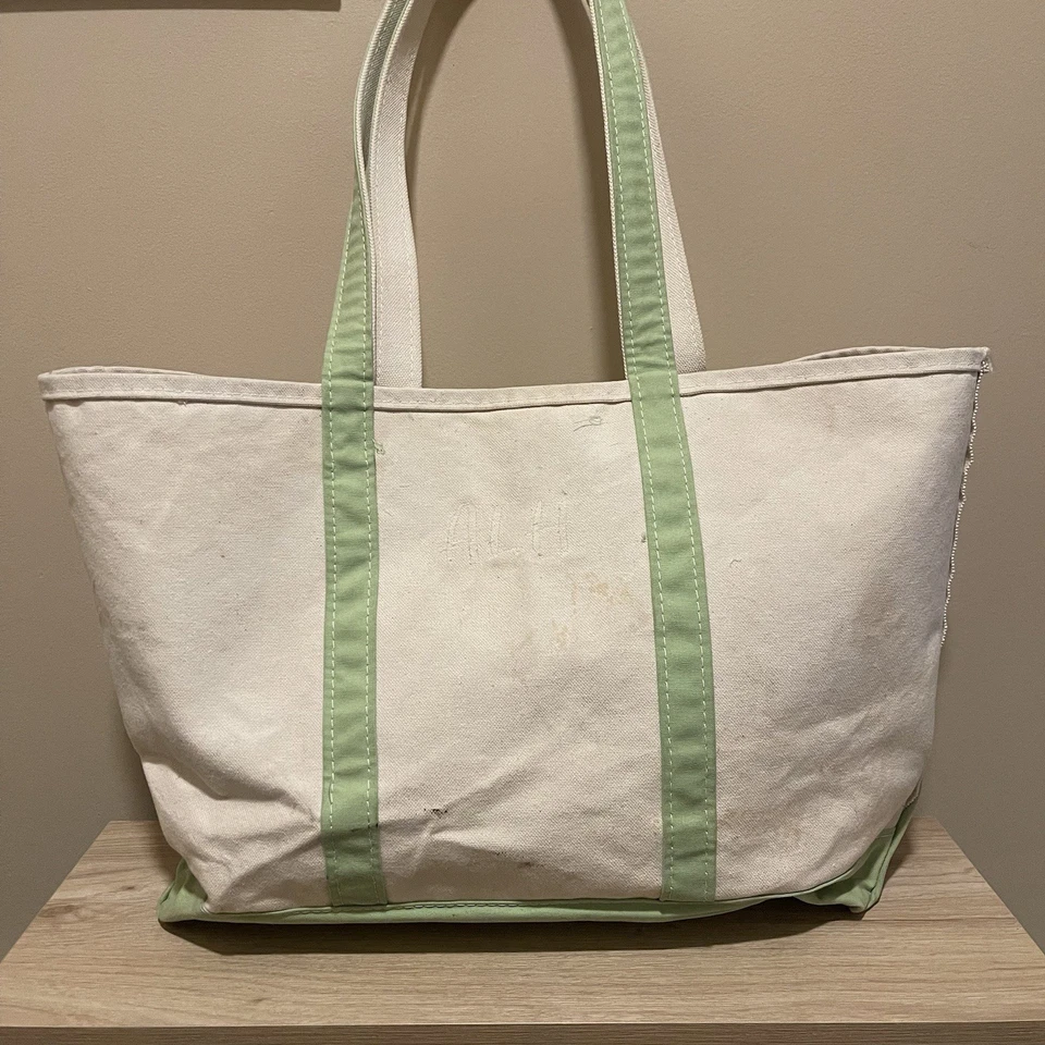 Bolso de Mano LL Bean XL De Colección Mango Largo Blanco/Verde Claro Años 80 Rígido Grueso Foto 2 de 4