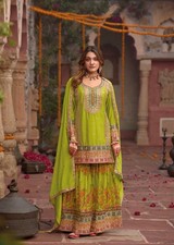 New Latest Parrot Green Chinon Silk Kurta Palazzo With Dupatta For Wedding