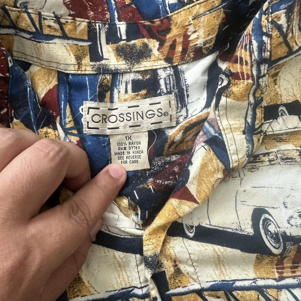 Camisa masculina vintage Crossings 1X estampa de avião de carro rayon botão para cima casual anos 90 Coreia - Imagem 4 de 4