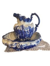 Jug Bowl Pitcher Basin China Blue White Antique Vintage Large