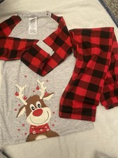 Christmas Rudolf Pyjamas Kids Grey Top With Check Elasticated Bottoms age 10/11